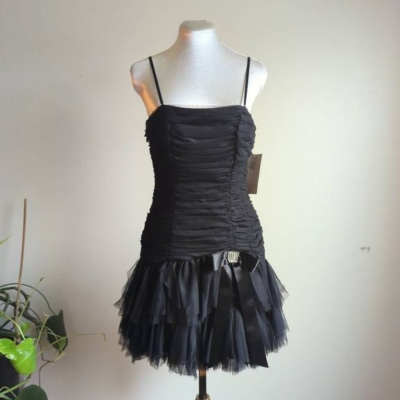 Vintage Dresses & Skirts - Vintage Y2K Cache Black Ruffle Tulle Rhinestone Bow Mini Dress Prom Homecoming